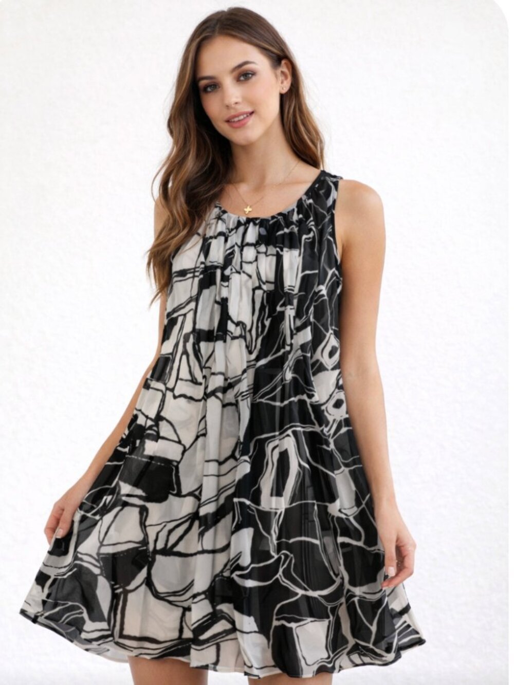Max & Cleo Abstract Black & White Sleeveless Dress XXS | Flowy A-Line